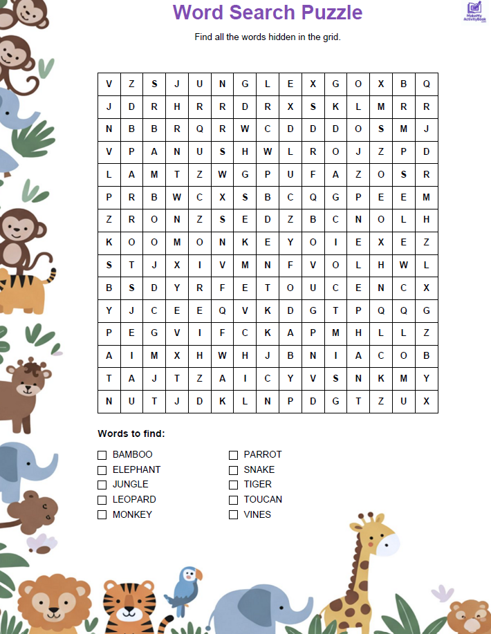 Jungle Adventure activity pack — printable PDF