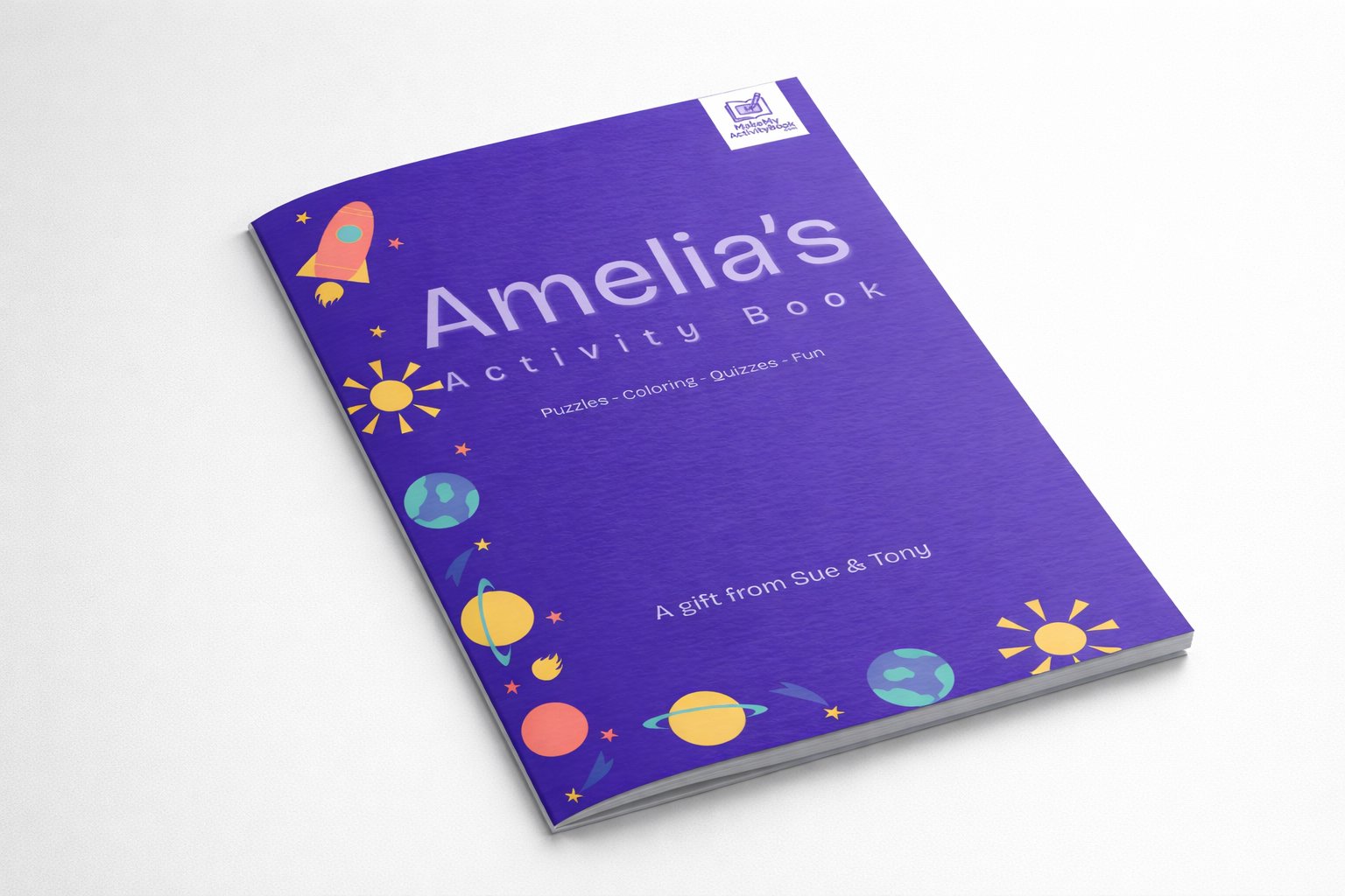 Amelia's personalised activity book — space theme