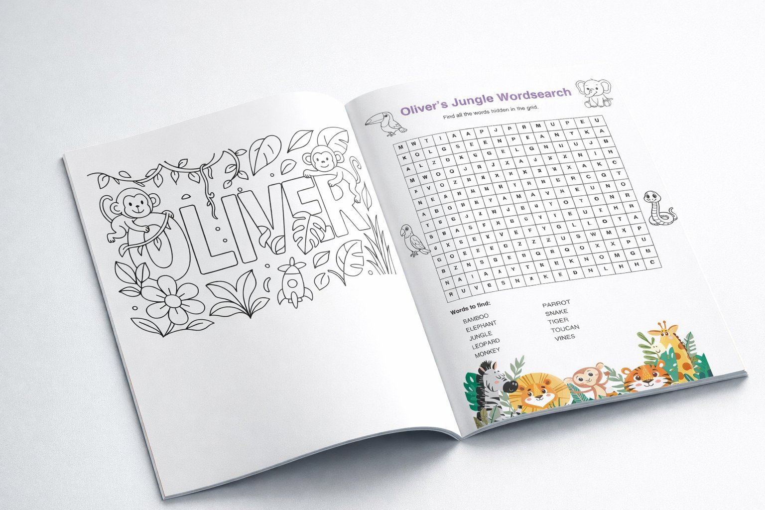 Open activity book showing coloring page and word search