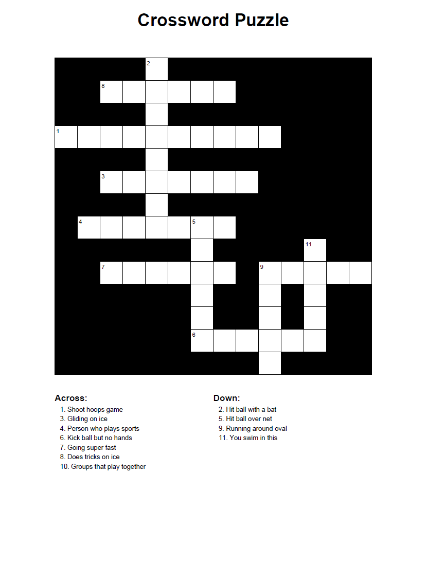 Easy printable sports crossword worksheet for homeschool and educational use