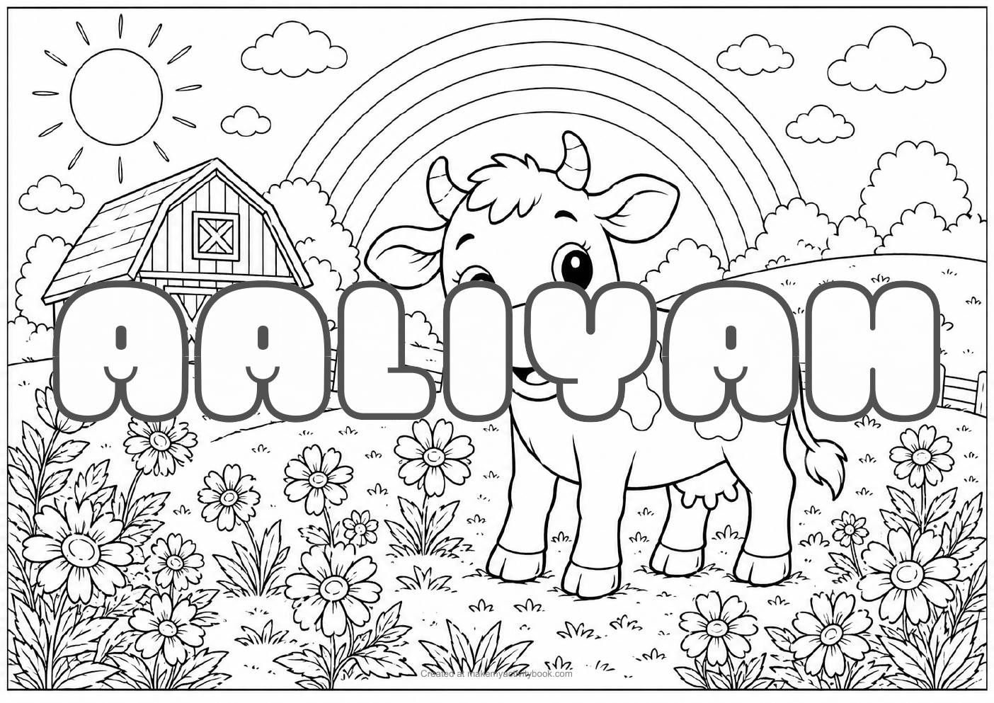 Aaliyah Bubble letters — Farm background colouring sheet