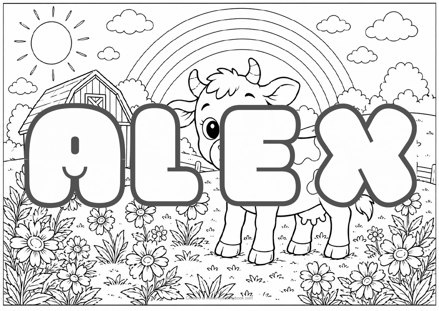 Alex Bubble letters — Farm background colouring sheet