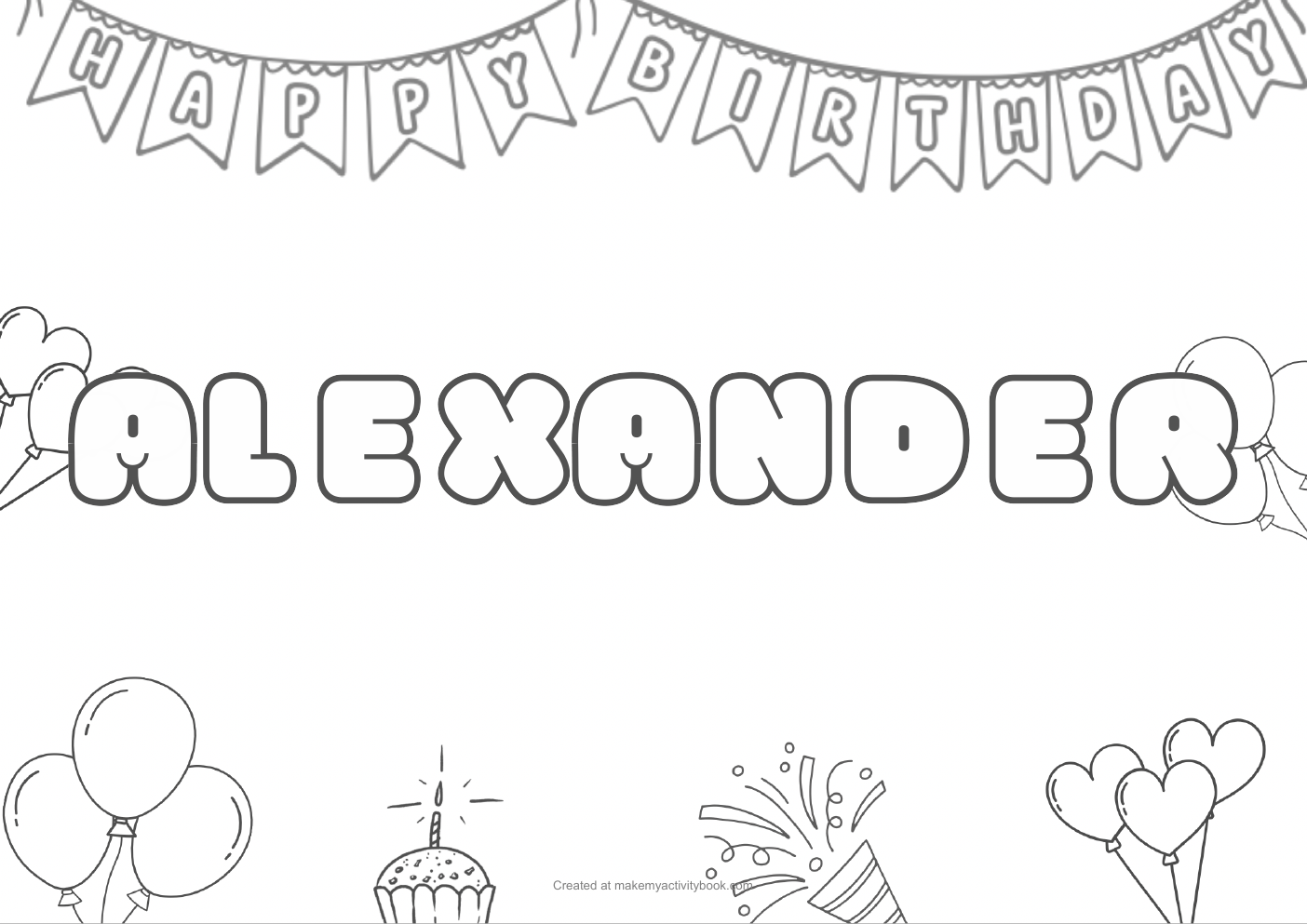 Alexander Bubble letters — Birthday border colouring sheet