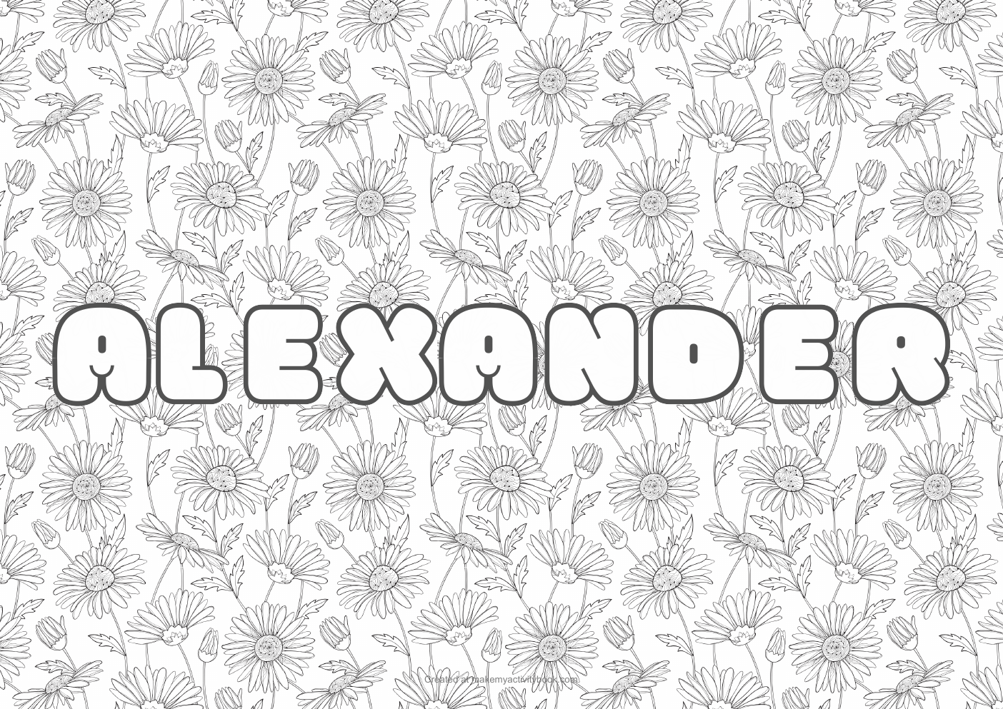 Alexander Bubble letters — Flowers border colouring sheet