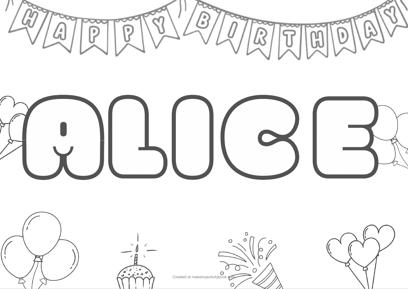 Alice Bubble letters — Birthday border colouring sheet