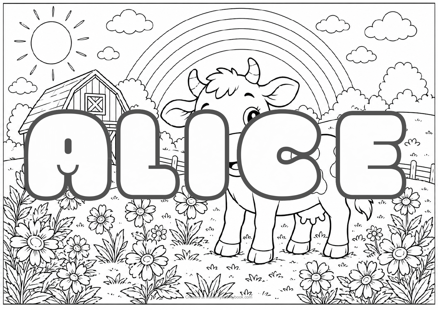 Alice Bubble letters — Farm background colouring sheet