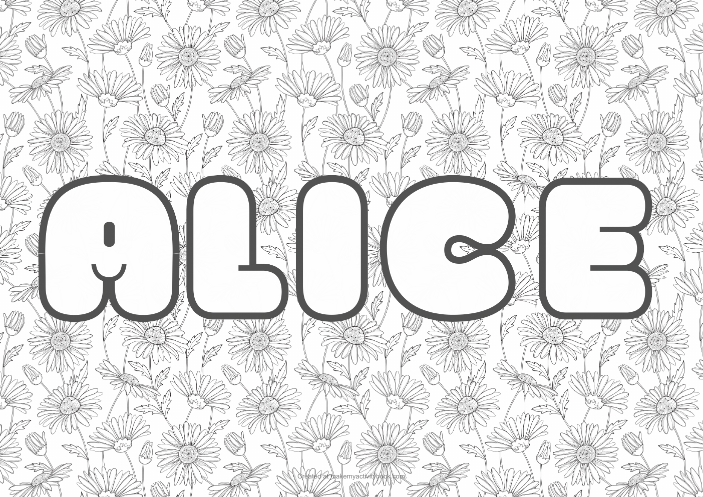 Alice Bubble letters — Flowers border colouring sheet
