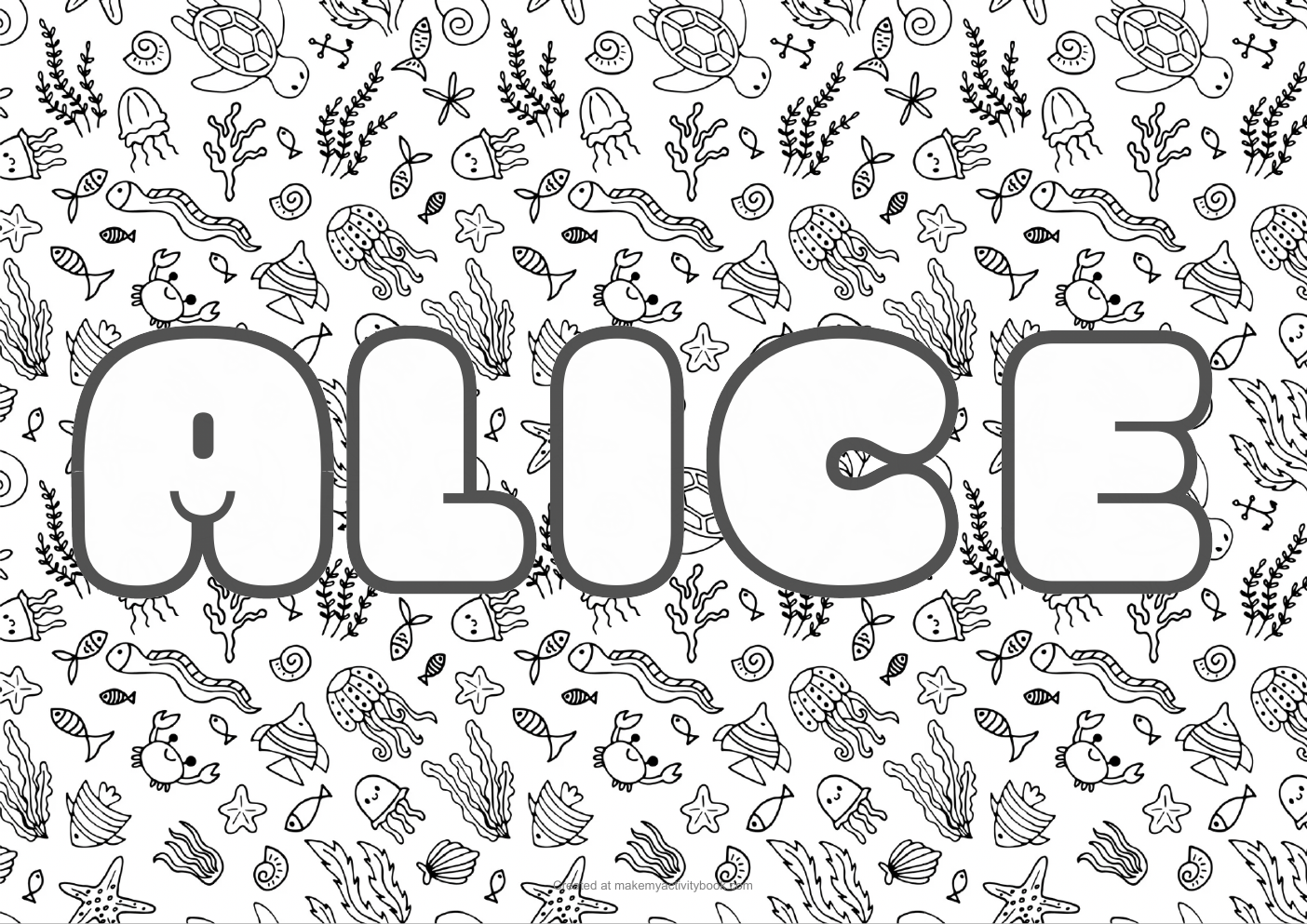 Alice Bubble letters — Sea border colouring sheet