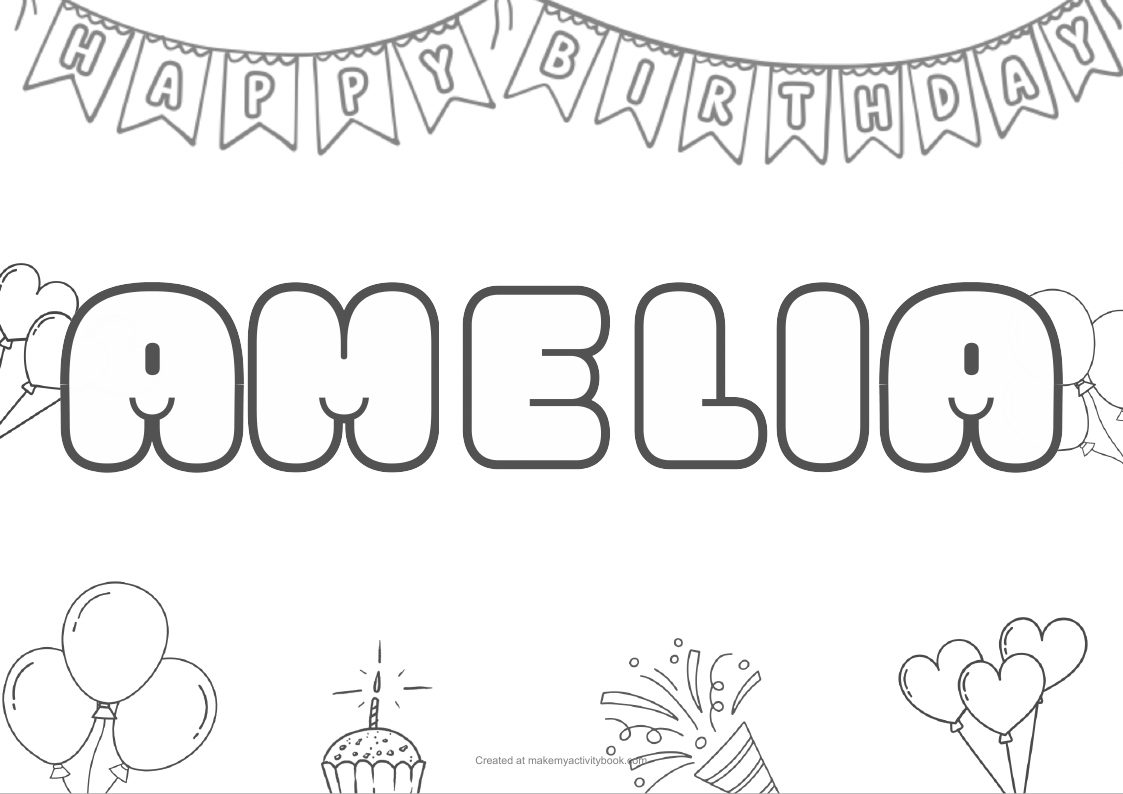 Amelia Bubble letters — Birthday border colouring sheet