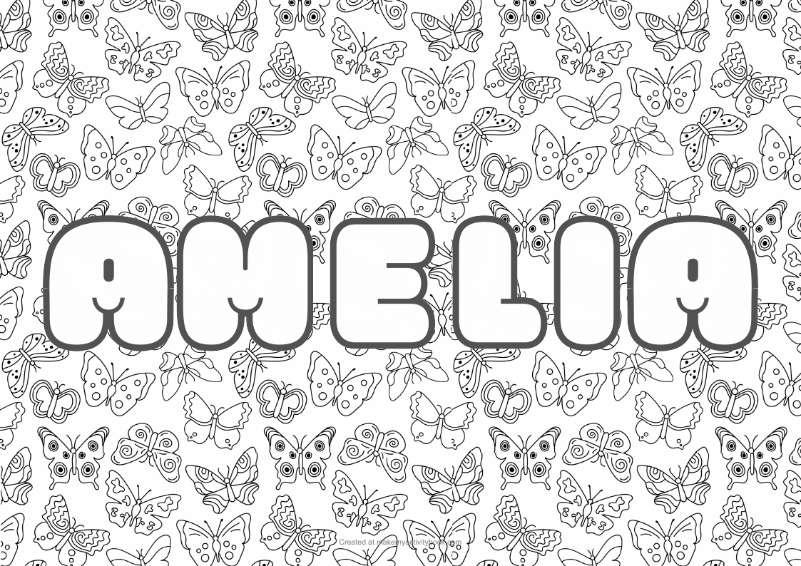 Amelia Bubble letters — Butterflies border colouring sheet