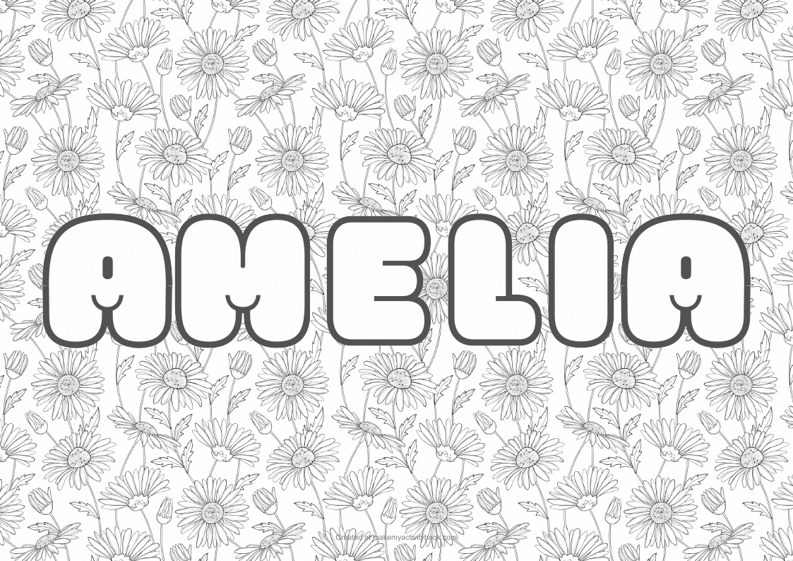 Amelia Bubble letters — Flowers border colouring sheet