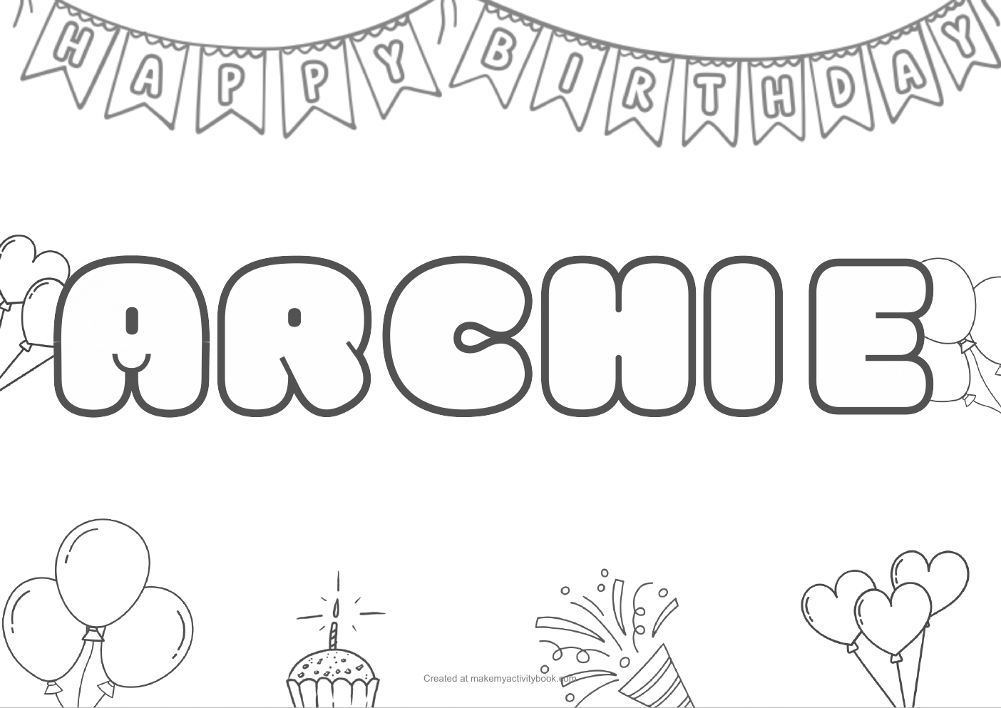 Archie Bubble letters — Birthday border colouring sheet