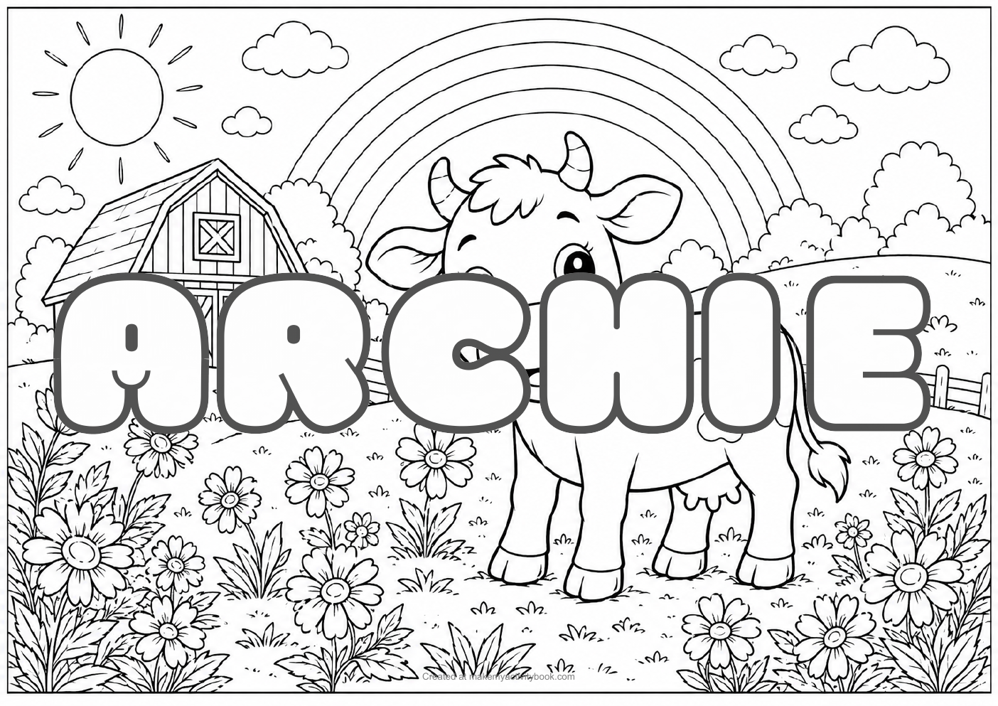 Archie Bubble letters — Farm background colouring sheet