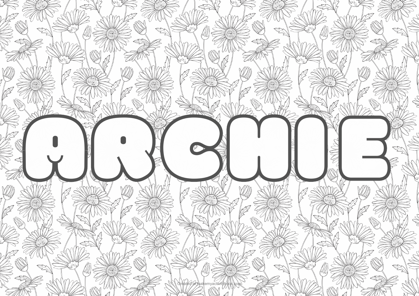 Archie Bubble letters — Flowers border colouring sheet