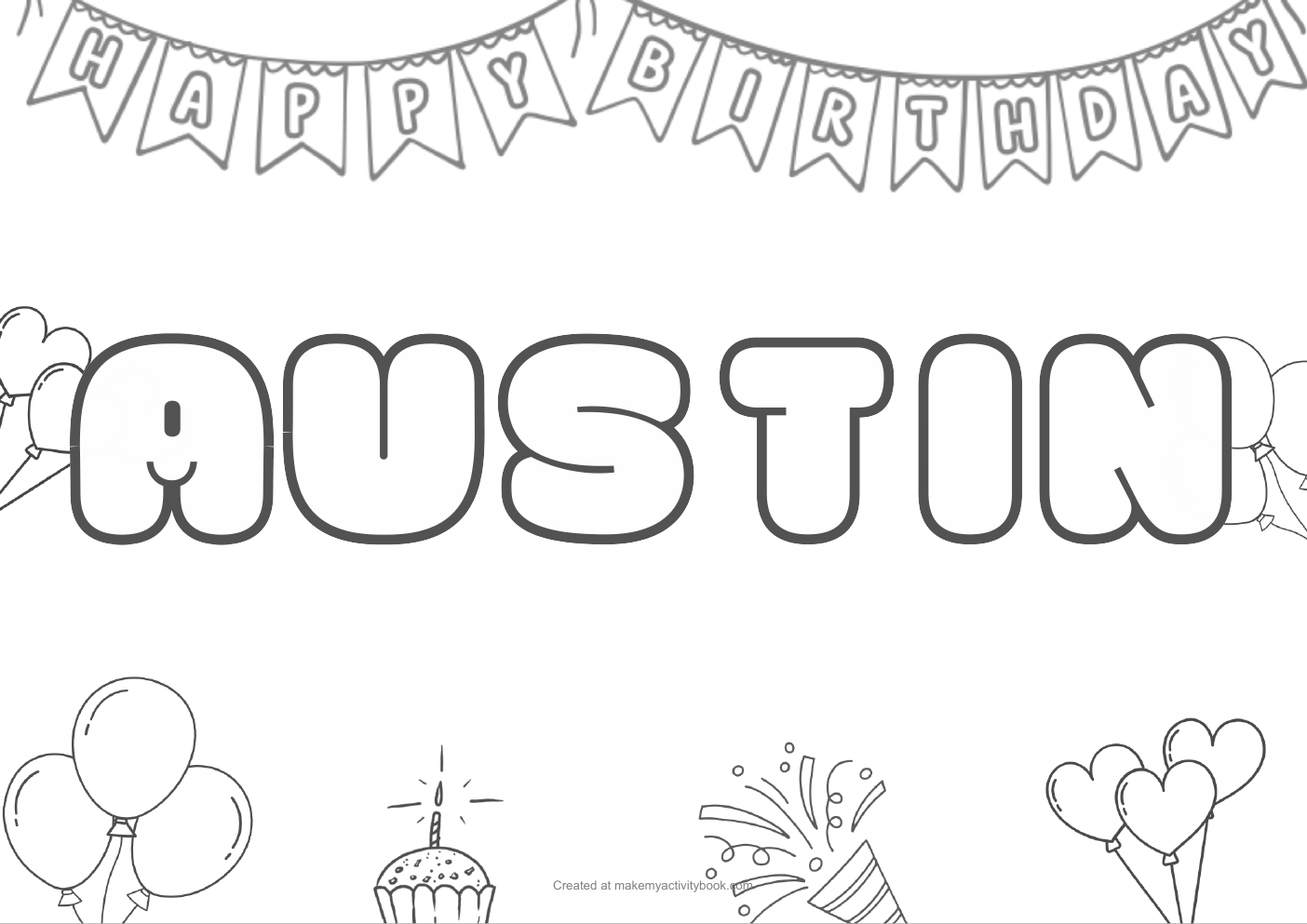 Austin Bubble letters — Birthday border colouring sheet