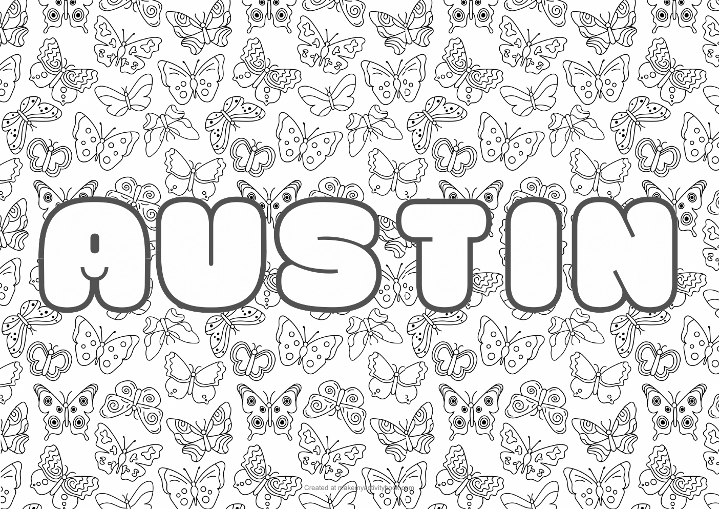 Austin Bubble letters — Butterflies border colouring sheet