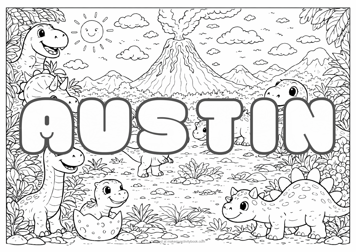 Austin Bubble letters — Dinosaur background colouring sheet