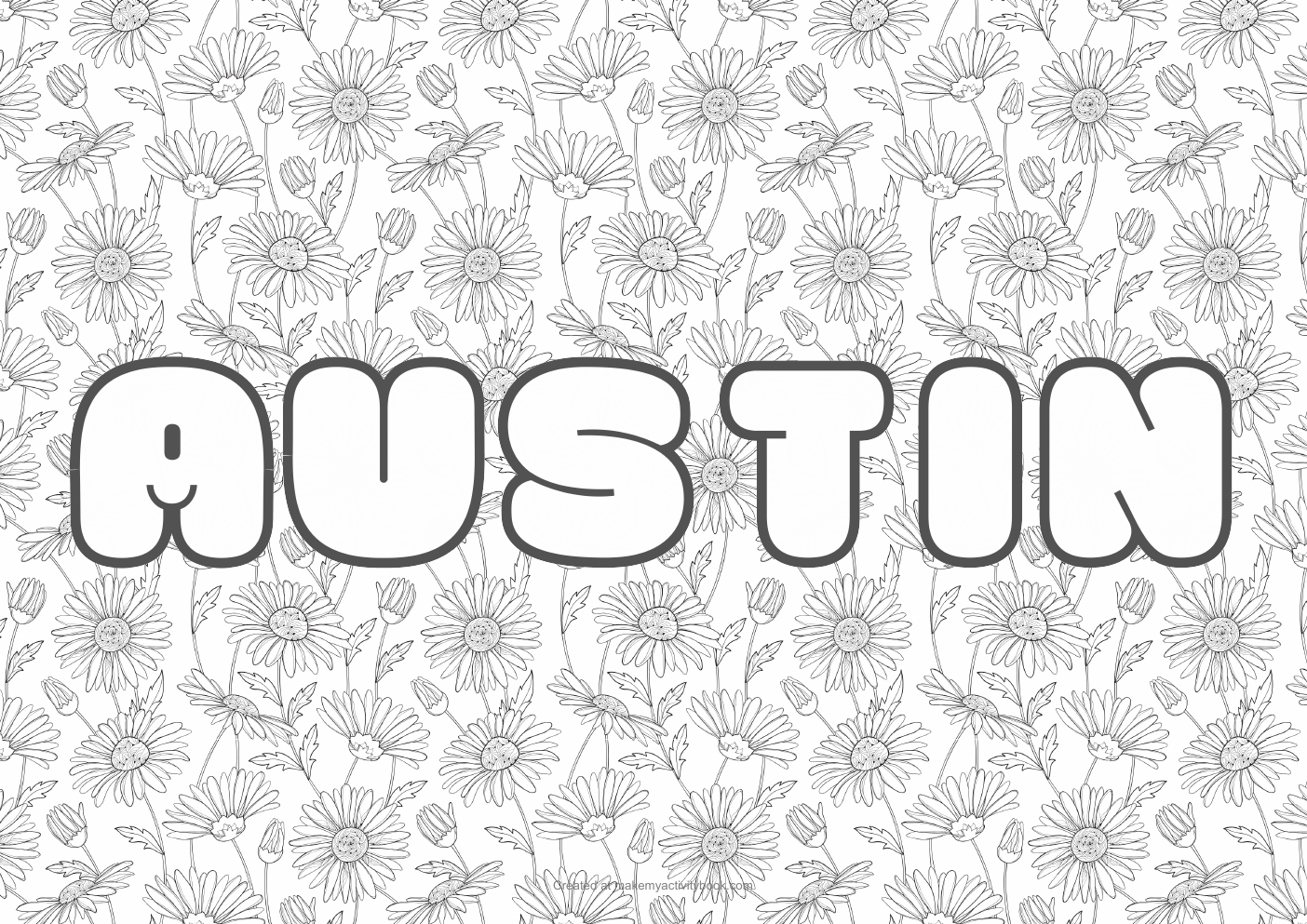 Austin Bubble letters — Flowers border colouring sheet