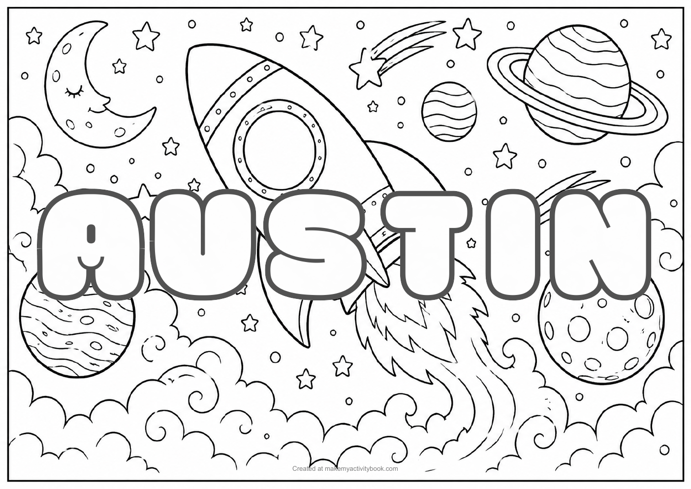 Austin Bubble letters — Space background colouring sheet