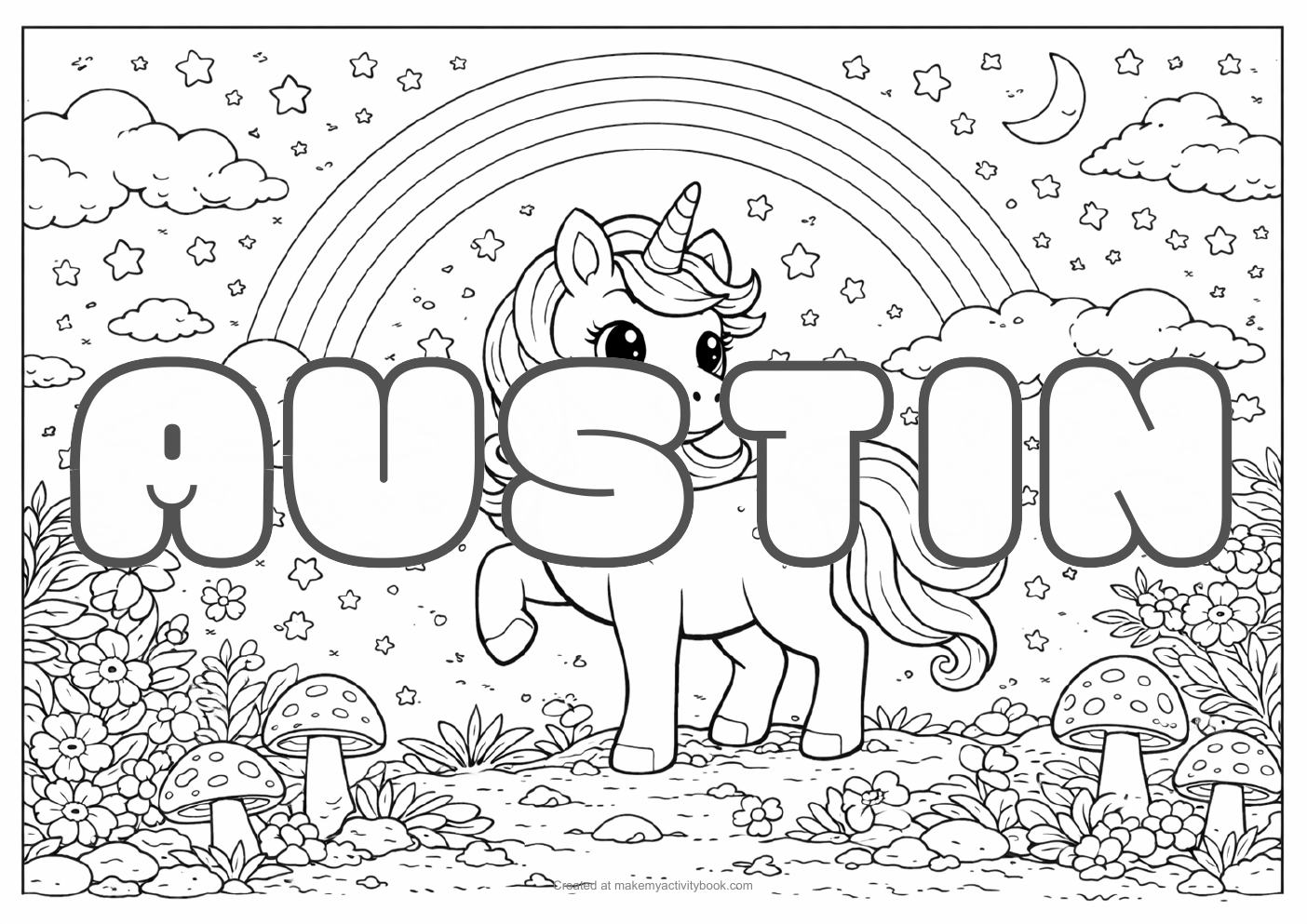 Austin Bubble letters — Unicorn background colouring sheet