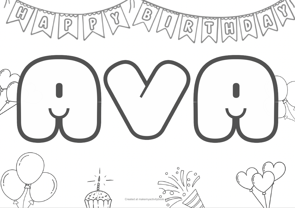 Ava Bubble letters — Birthday border colouring sheet