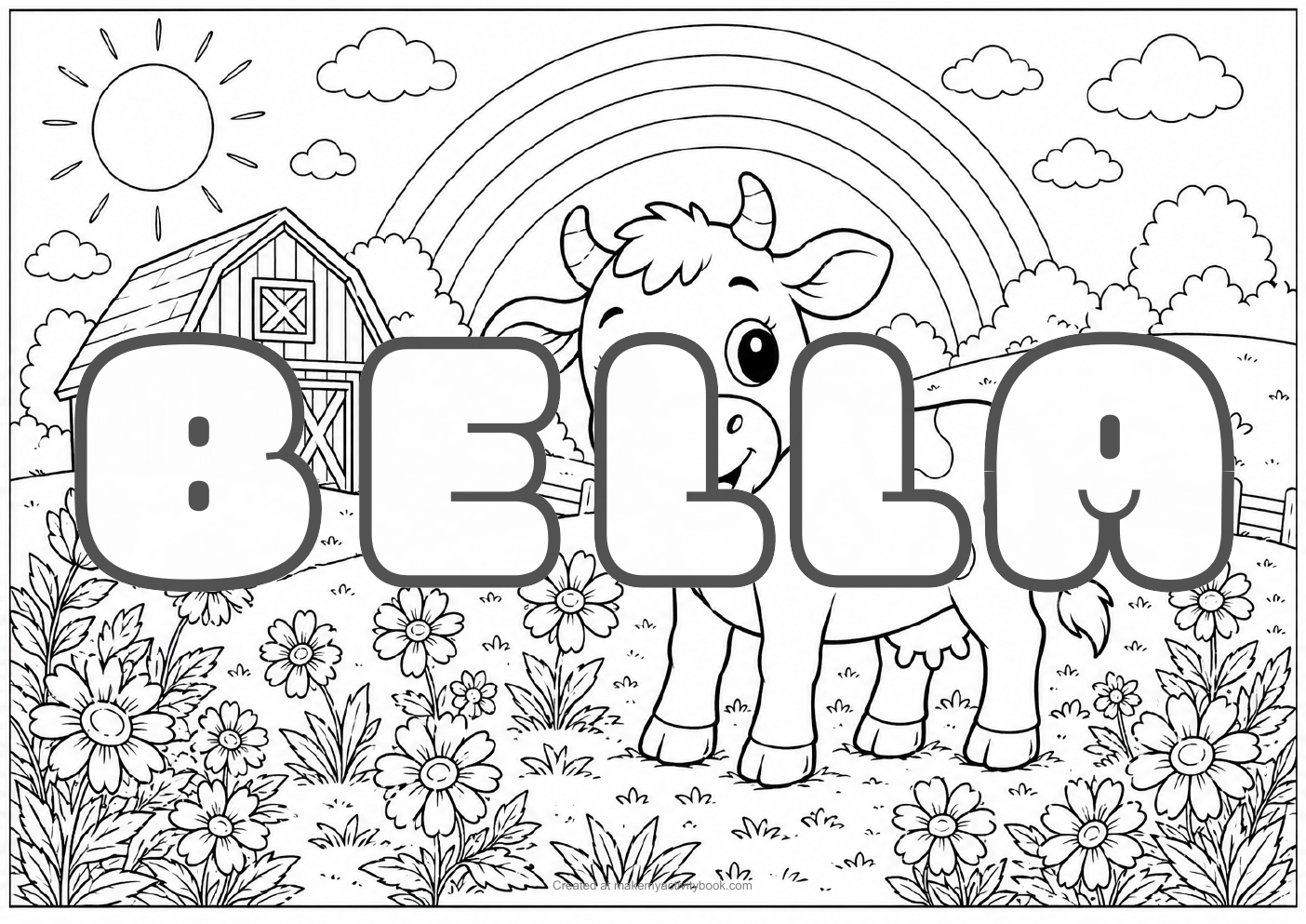 Bella Bubble letters — Farm background colouring sheet