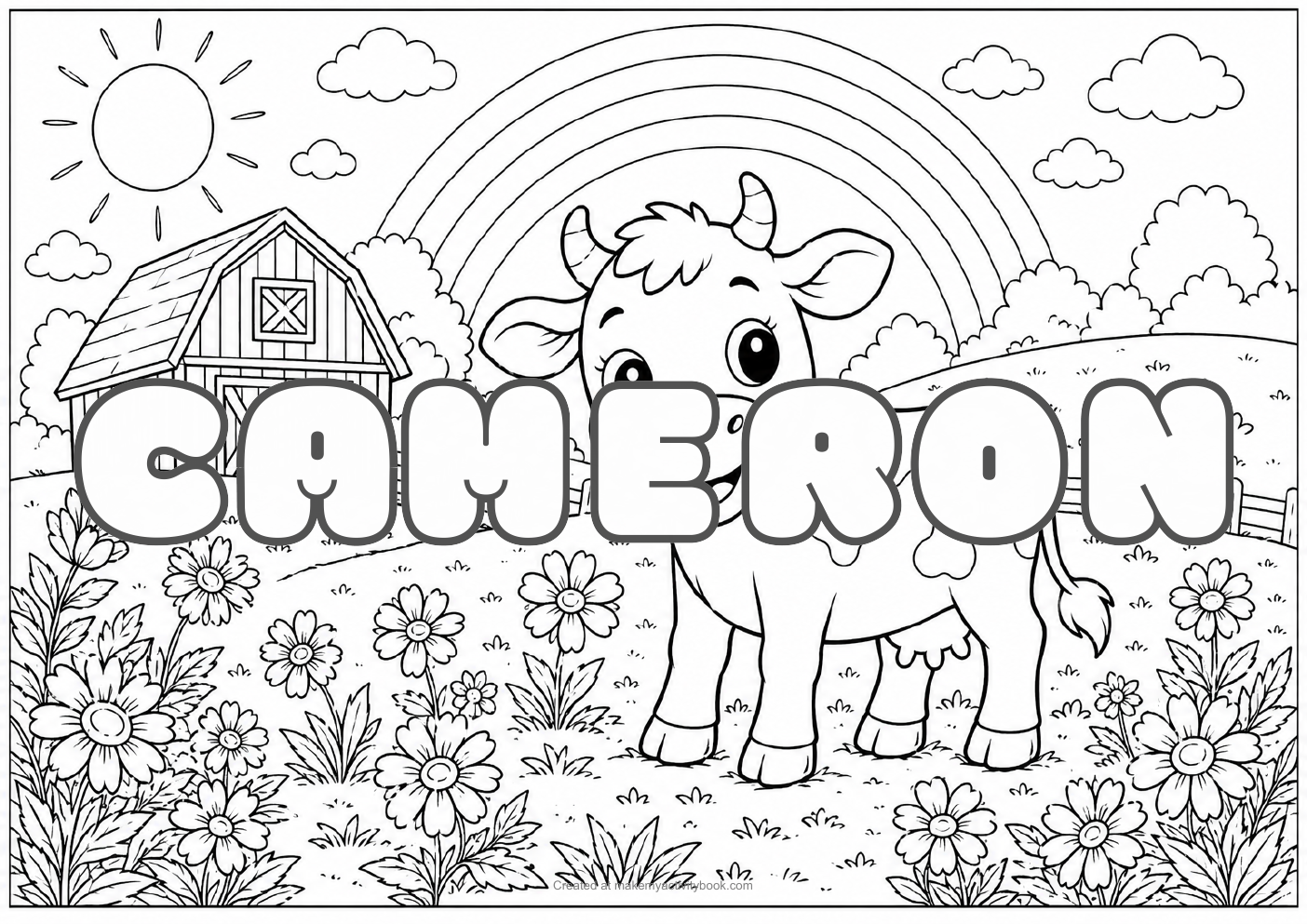 Cameron Bubble letters — Farm background colouring sheet