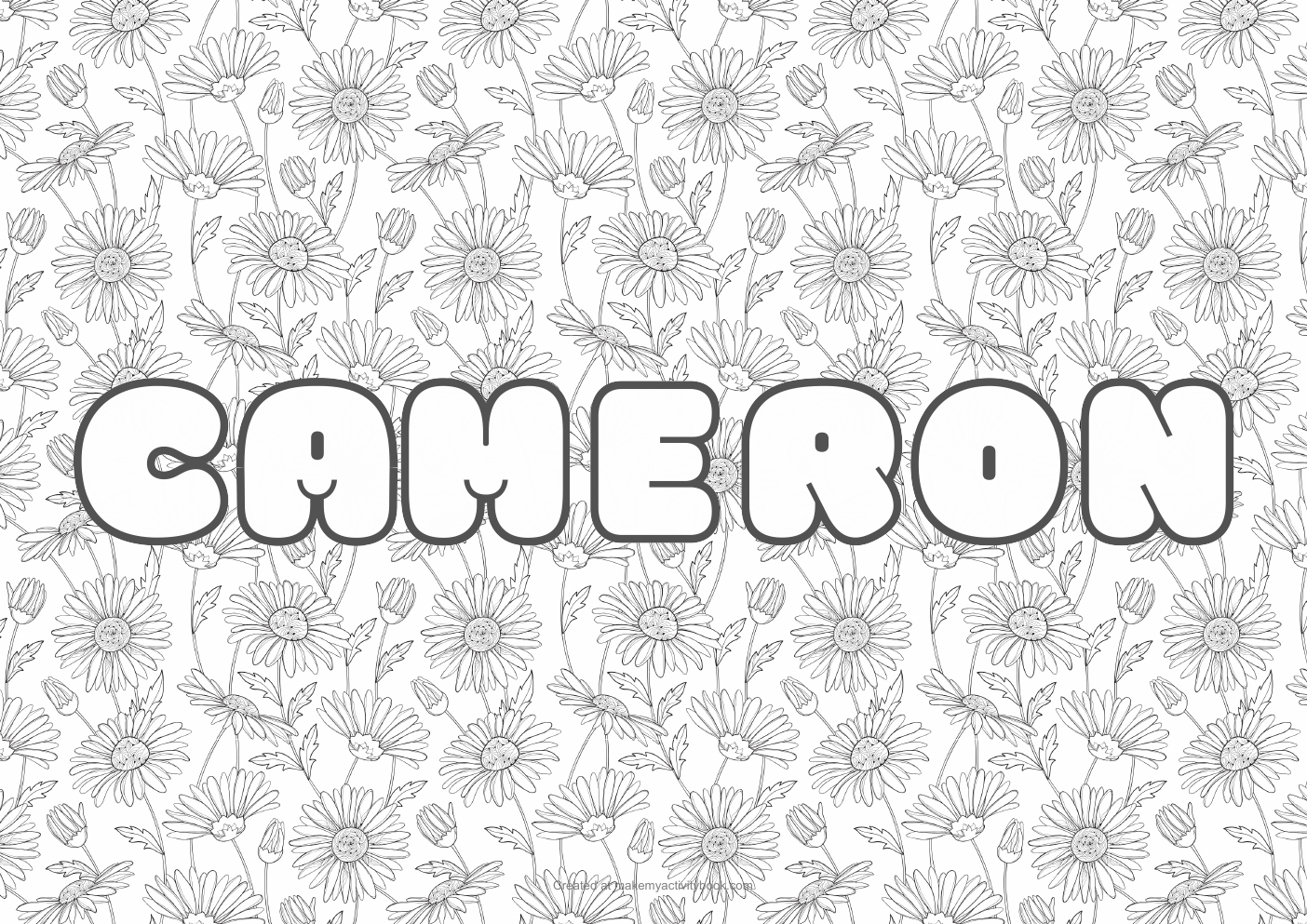 Cameron Bubble letters — Flowers border colouring sheet