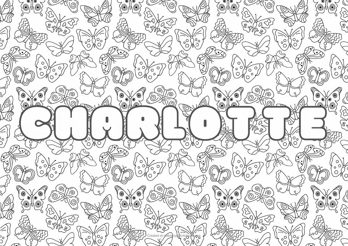 Charlotte Bubble letters — Butterflies border colouring sheet