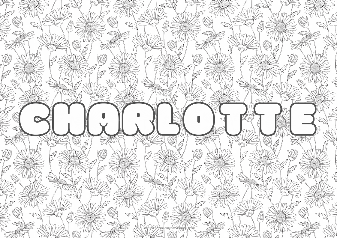 Charlotte Bubble letters — Flowers border colouring sheet