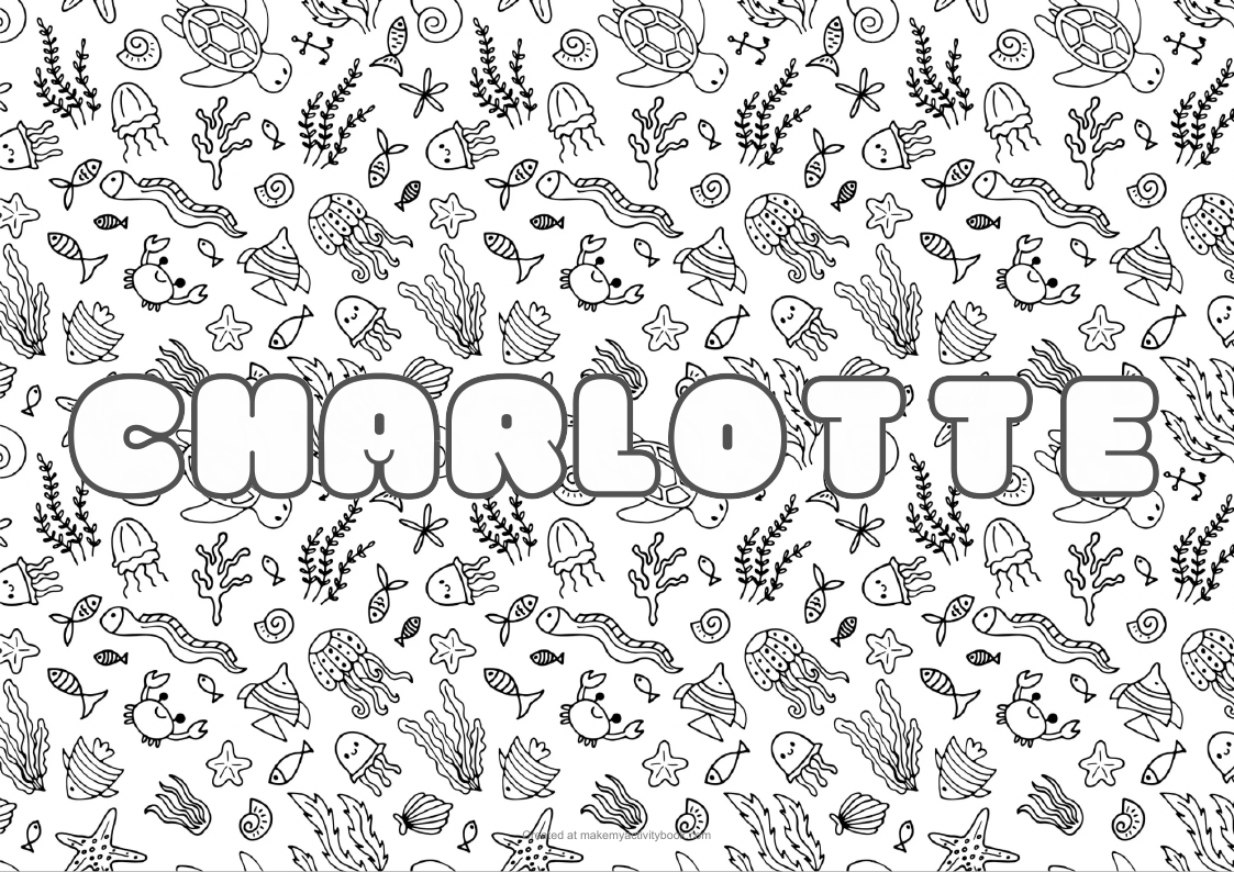 Charlotte Bubble letters — Sea border colouring sheet