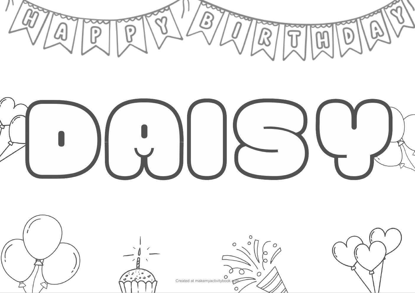 Daisy Bubble letters — Birthday border colouring sheet