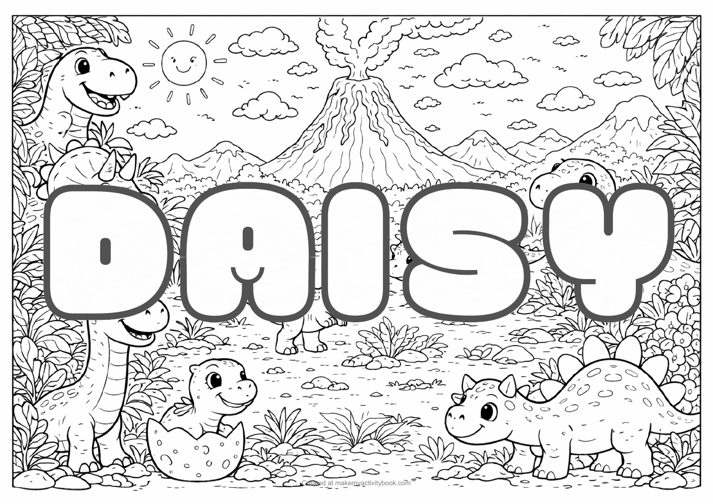 Daisy Bubble letters — Dinosaur background colouring sheet