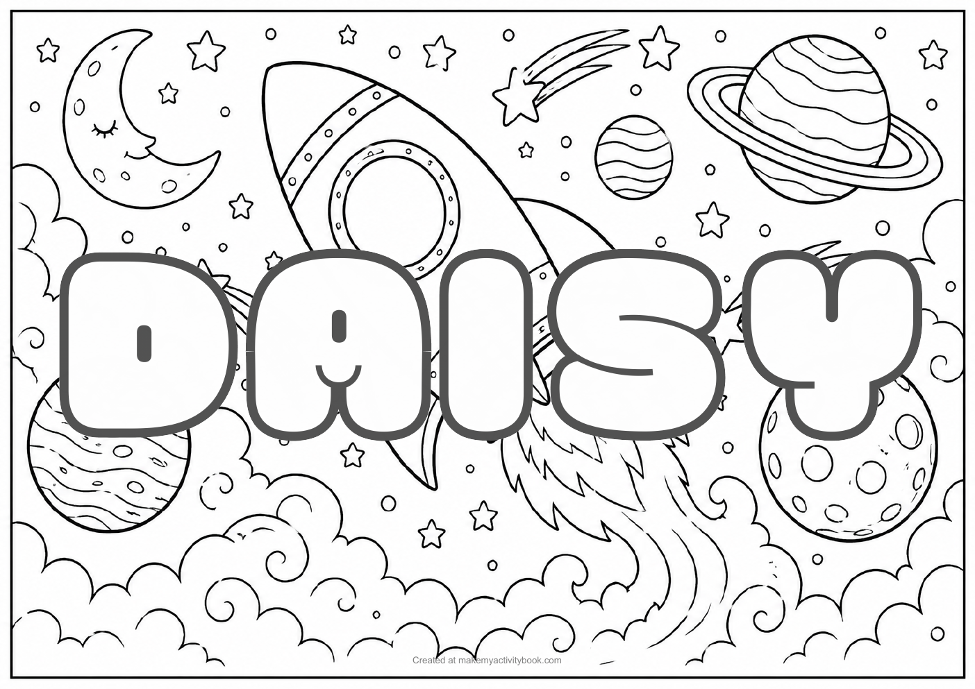Daisy Bubble letters — Space background colouring sheet