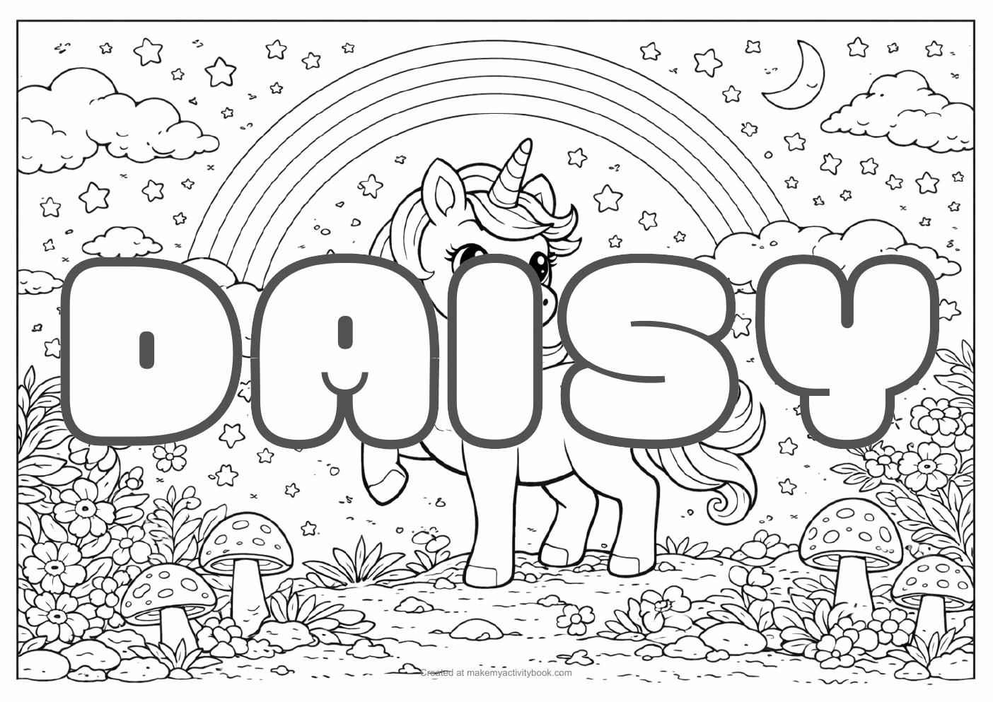 Daisy Bubble letters — Unicorn background colouring sheet