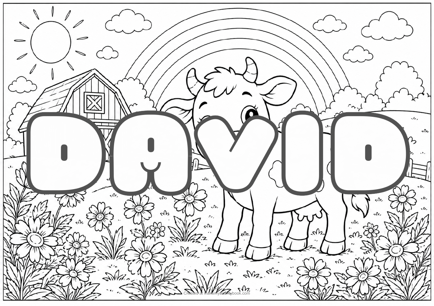 David Bubble letters — Farm background colouring sheet