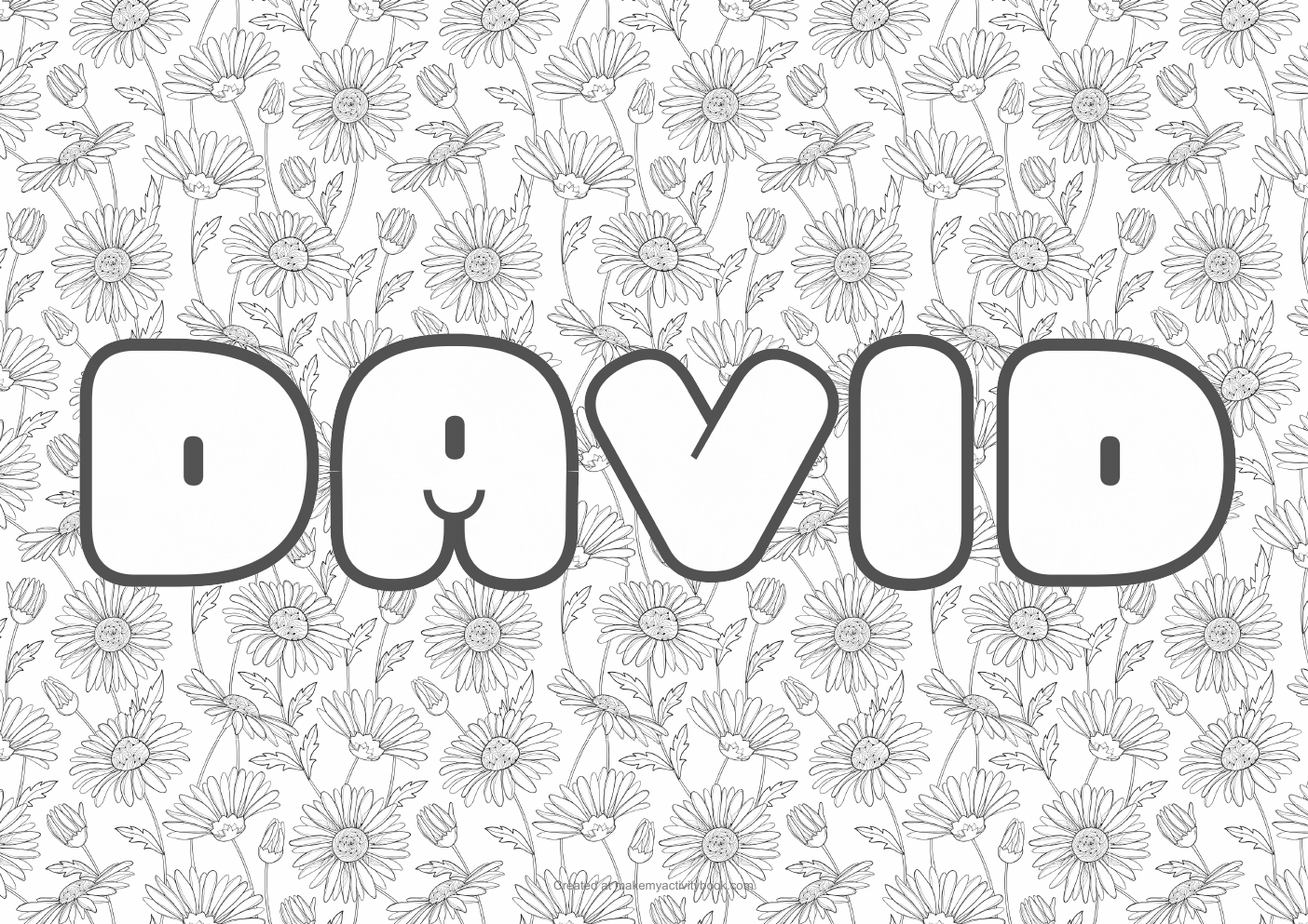 David Bubble letters — Flowers border colouring sheet