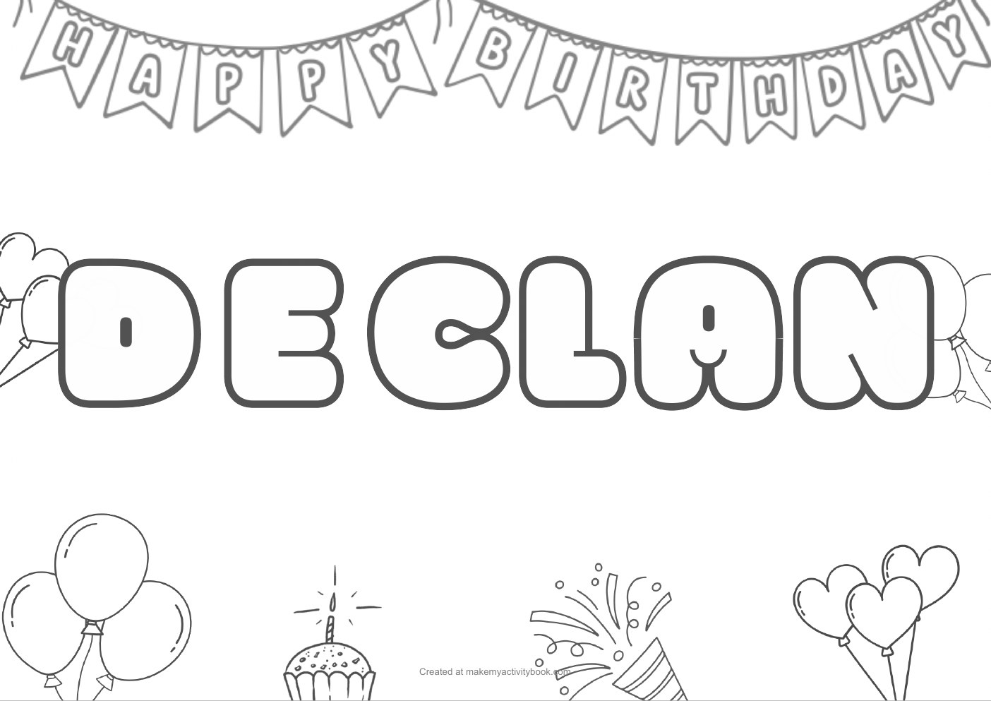 Declan Bubble letters — Birthday border colouring sheet