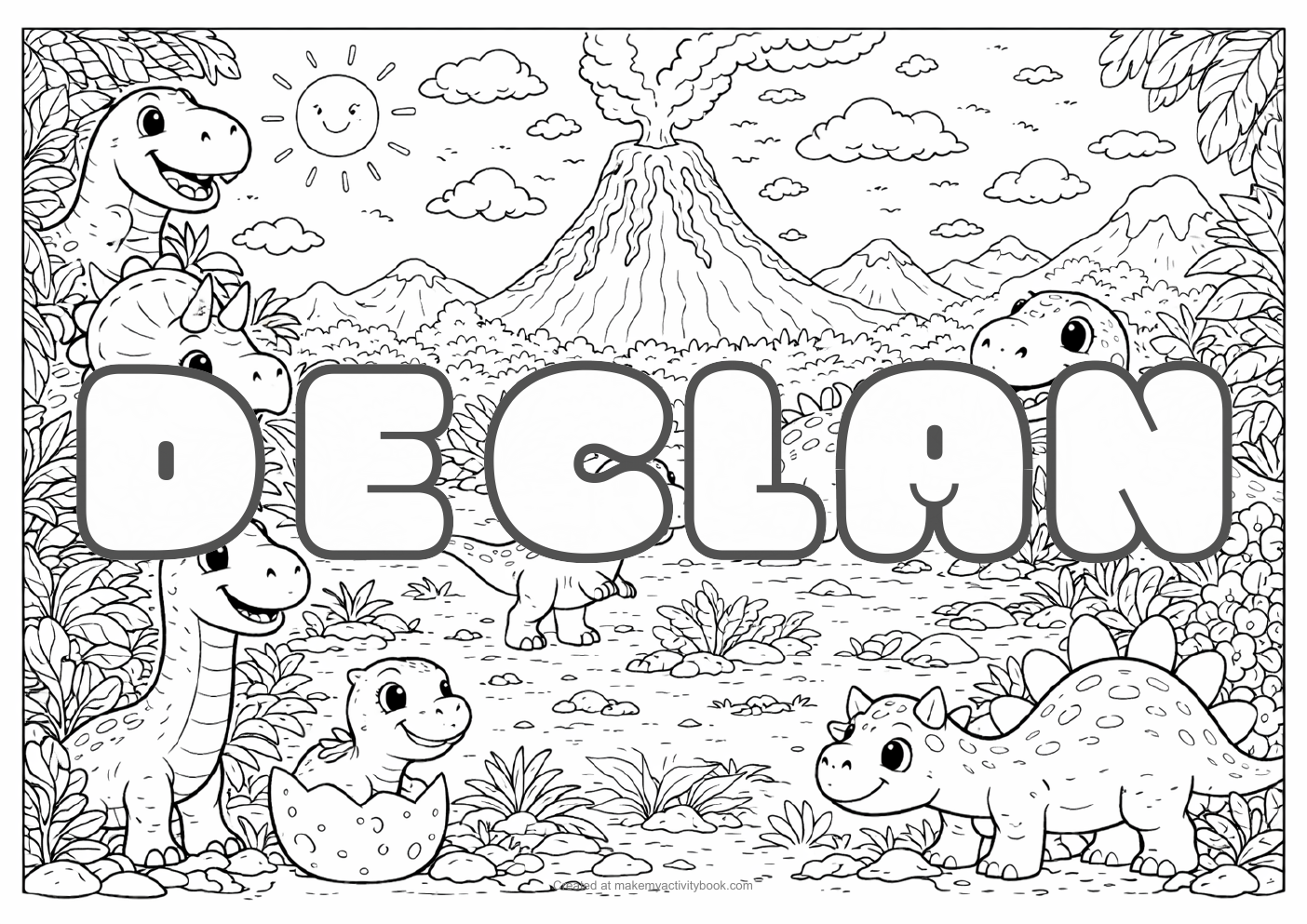 Declan Bubble letters — Dinosaur background colouring sheet