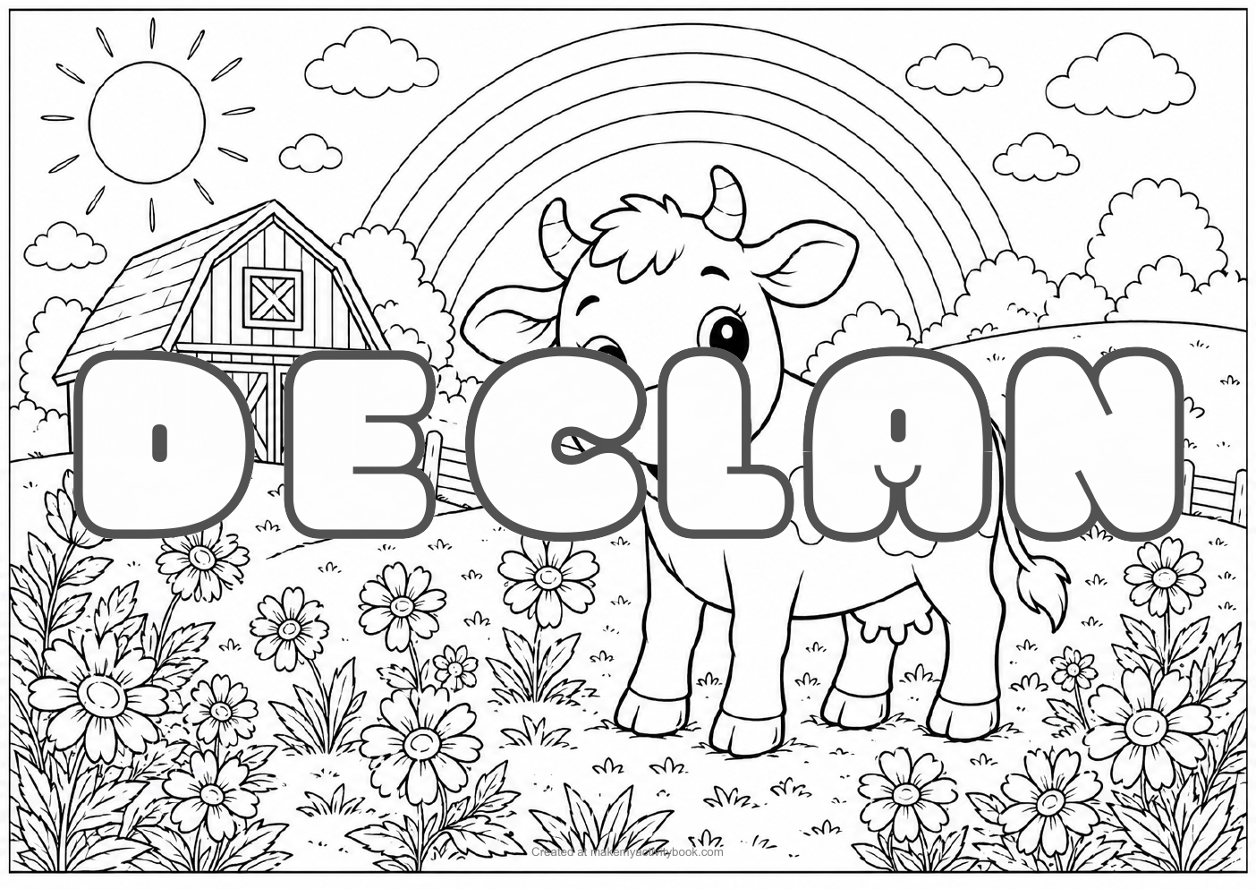 Declan Bubble letters — Farm background colouring sheet