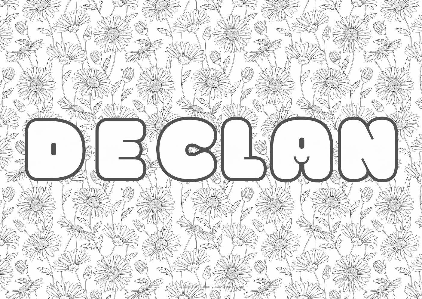 Declan Bubble letters — Flowers border colouring sheet