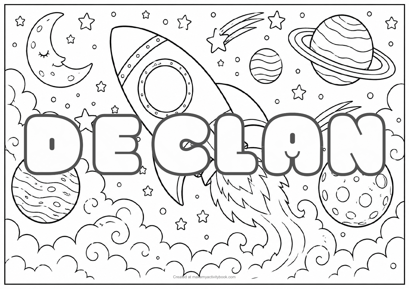 Declan Bubble letters — Space background colouring sheet
