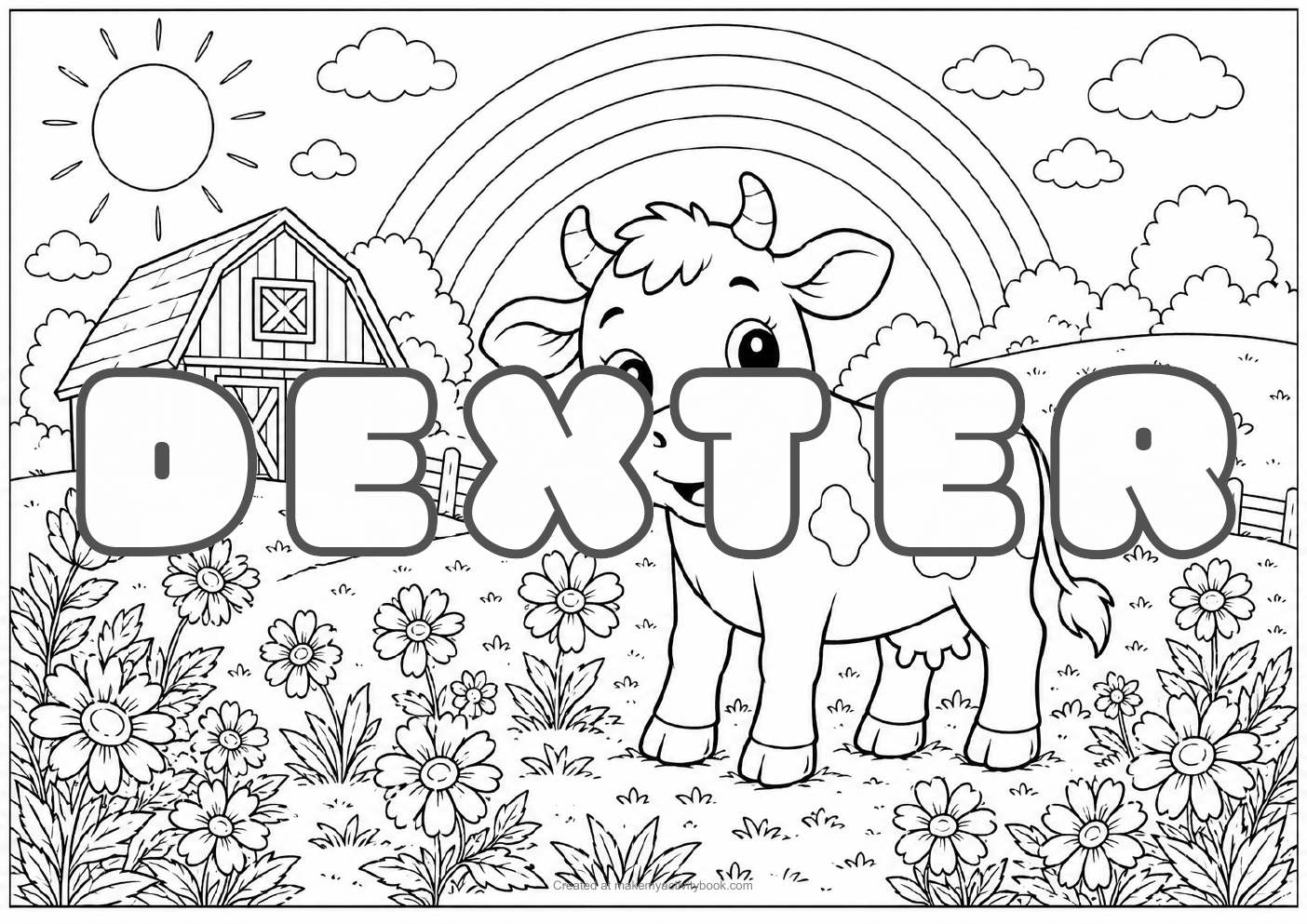Dexter Bubble letters — Farm background colouring sheet