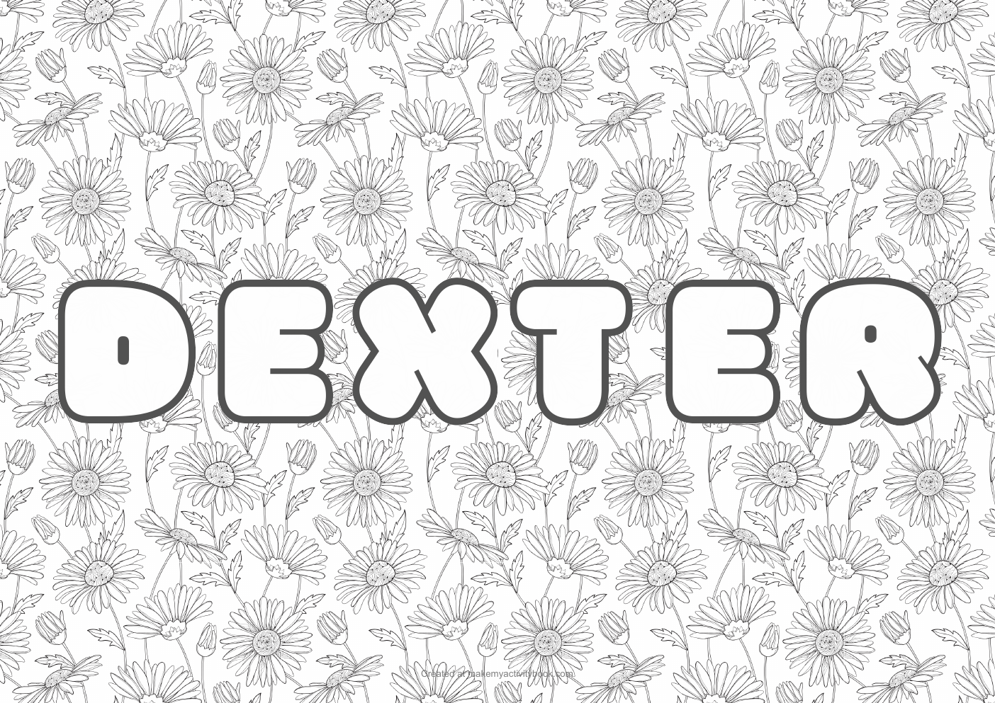 Dexter Bubble letters — Flowers border colouring sheet