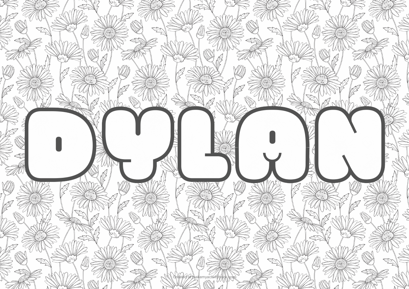 Dylan Bubble letters — Flowers border colouring sheet