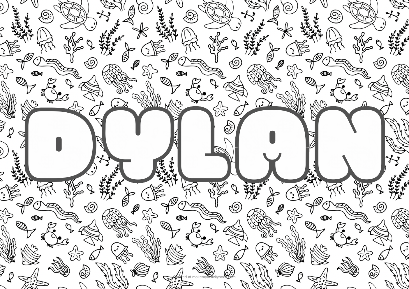 Dylan Bubble letters — Sea border colouring sheet