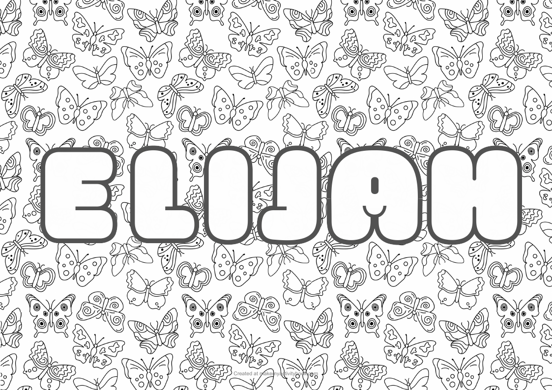 Elijah Bubble letters — Butterflies border colouring sheet