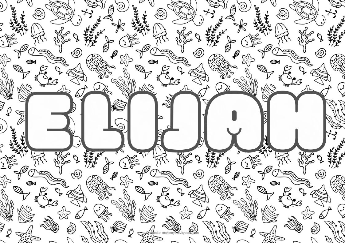 Elijah Bubble letters — Sea border colouring sheet