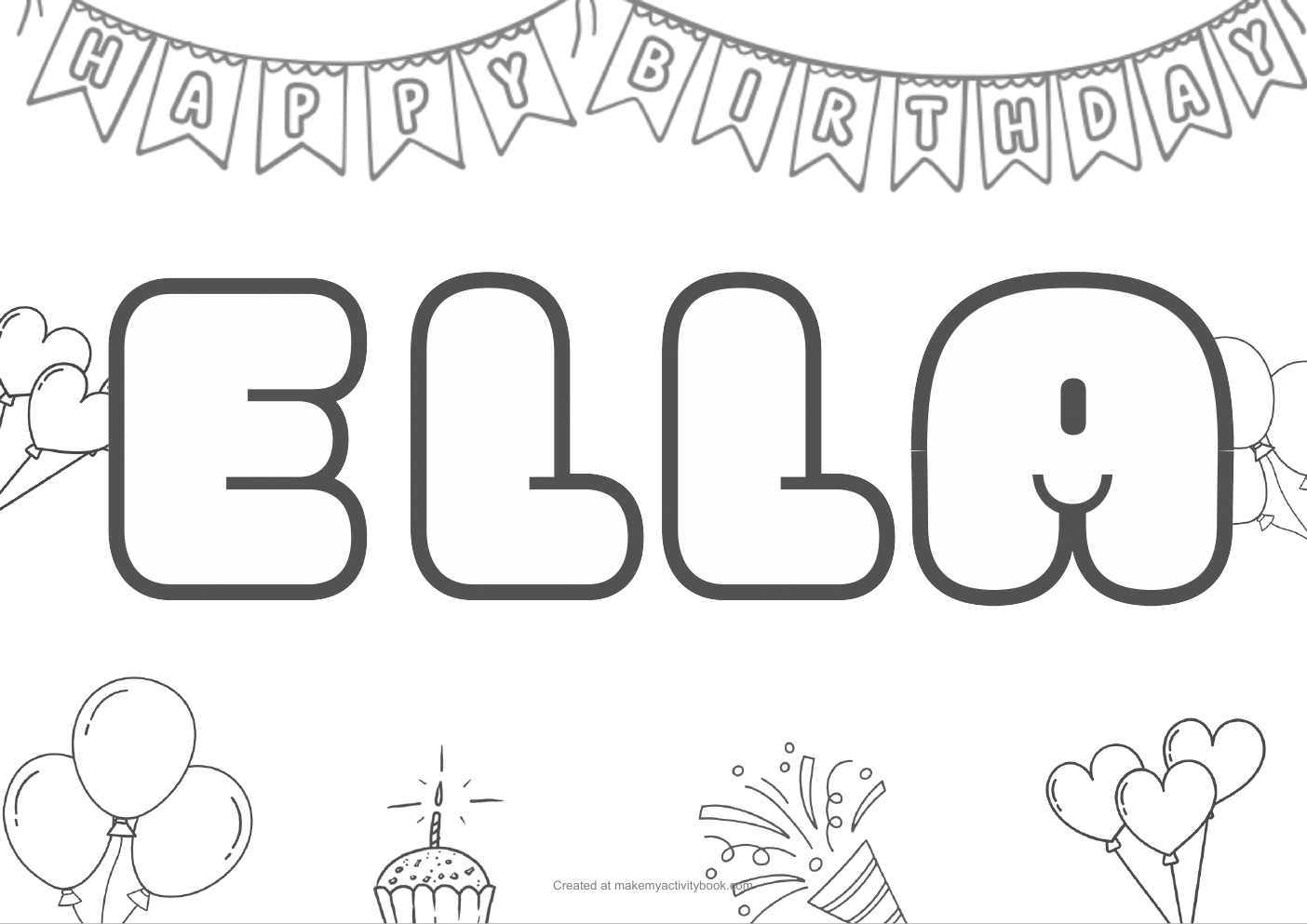 Ella Bubble letters — Birthday border colouring sheet