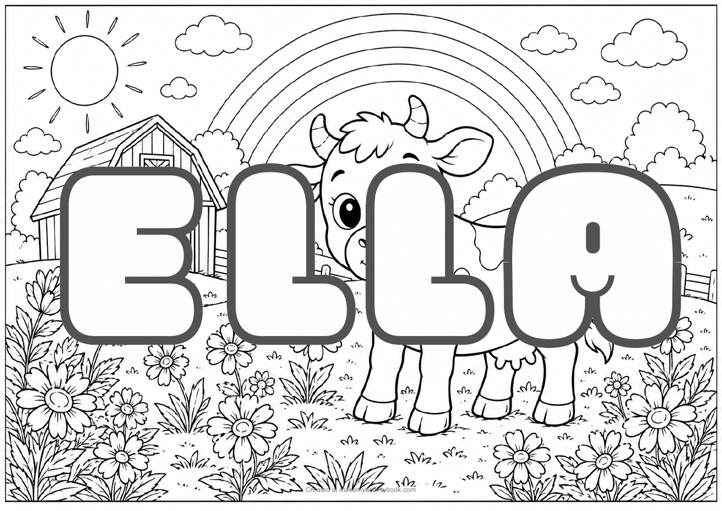 Ella Bubble letters — Farm background colouring sheet